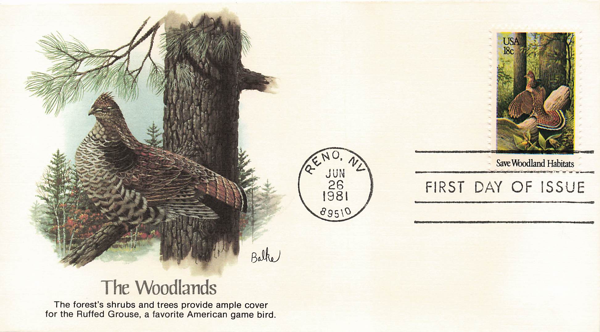 The Woodlands – 1981 First Day Cover | Ruffed Grouse Habitat