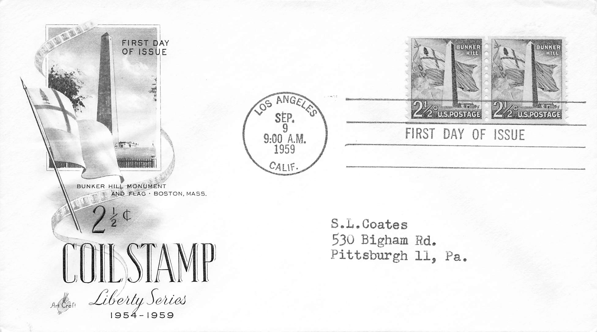 1959 coil stamp 2 1/2c Bunker Hill 2 stamps