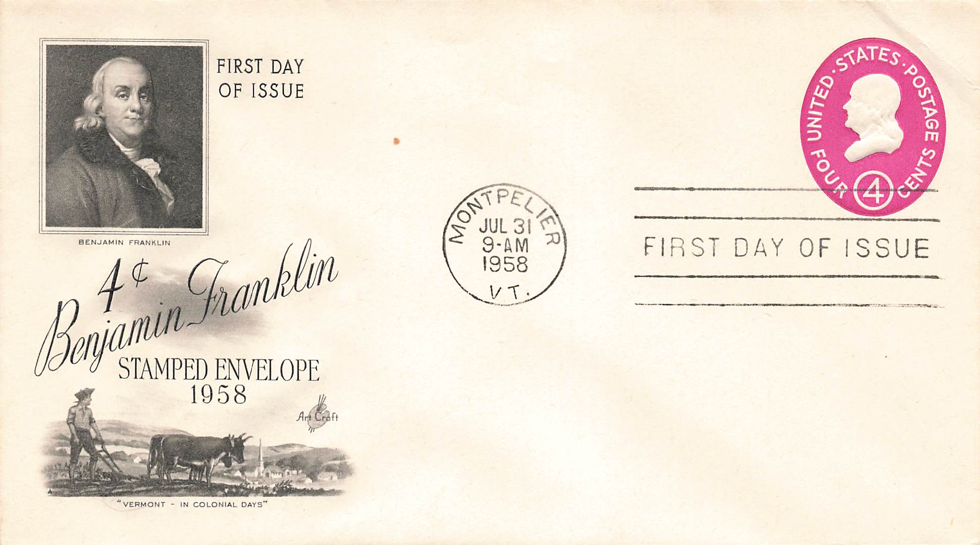 1958 Pre Stamped Envelope Ben Franklin 4c