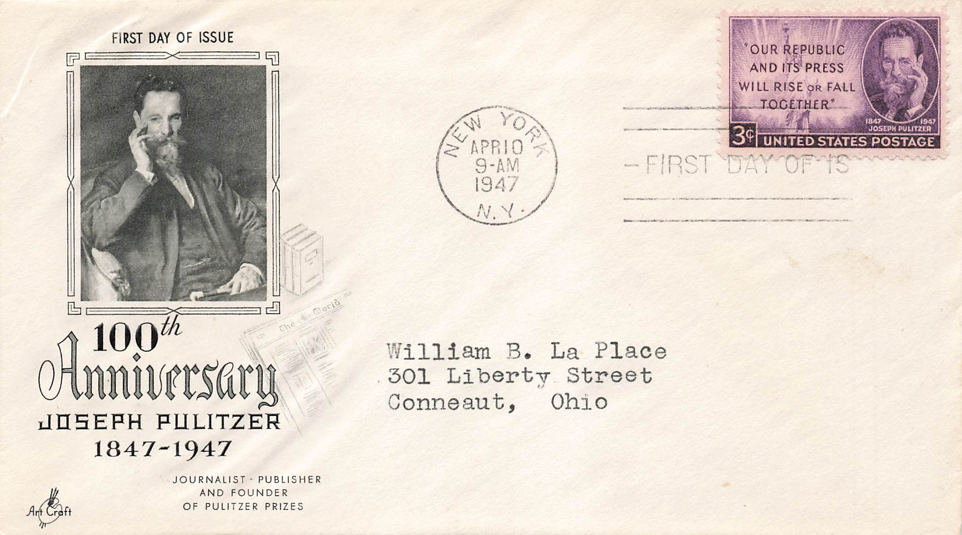 1947 100th Anniversary Joseph Pulitzer