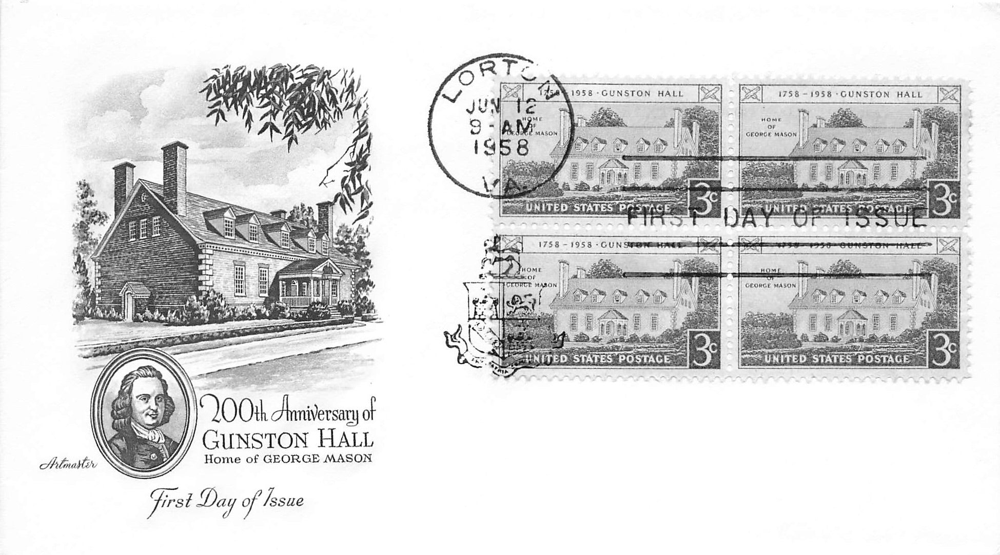 1958 200th Anniversary of Gunston Hall, Home of George Mason .03 Cents, 4 stamps