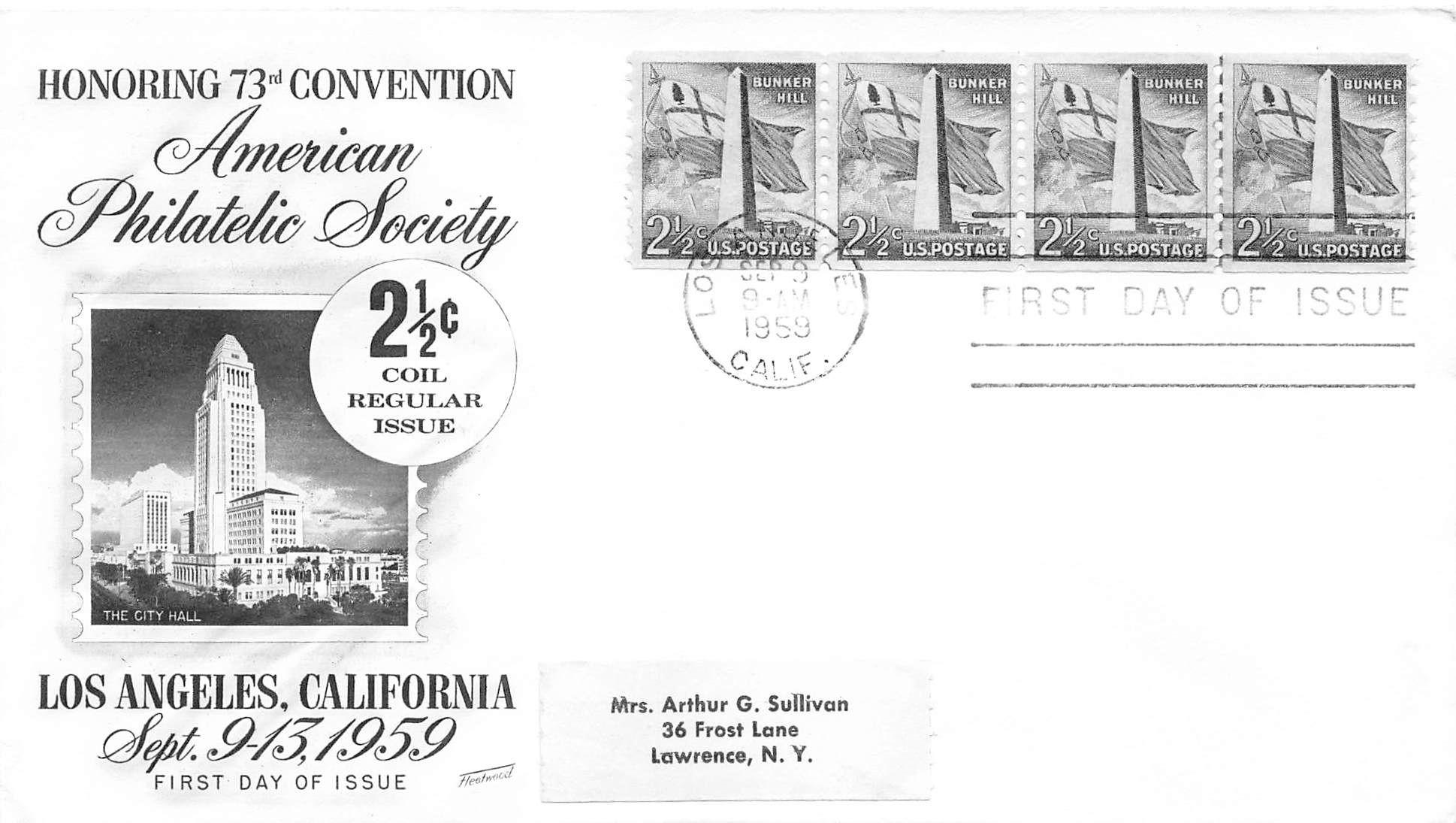 1959 coil stamp 2 1/2c Bunker Hill 4 stamps  Philatelic convention LA