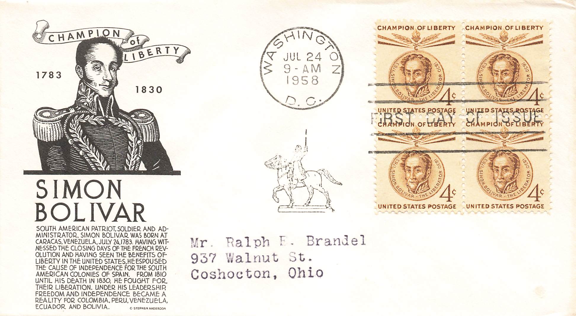 1958 Champion of Liberty Simon Bolivar 4c 4 stamps