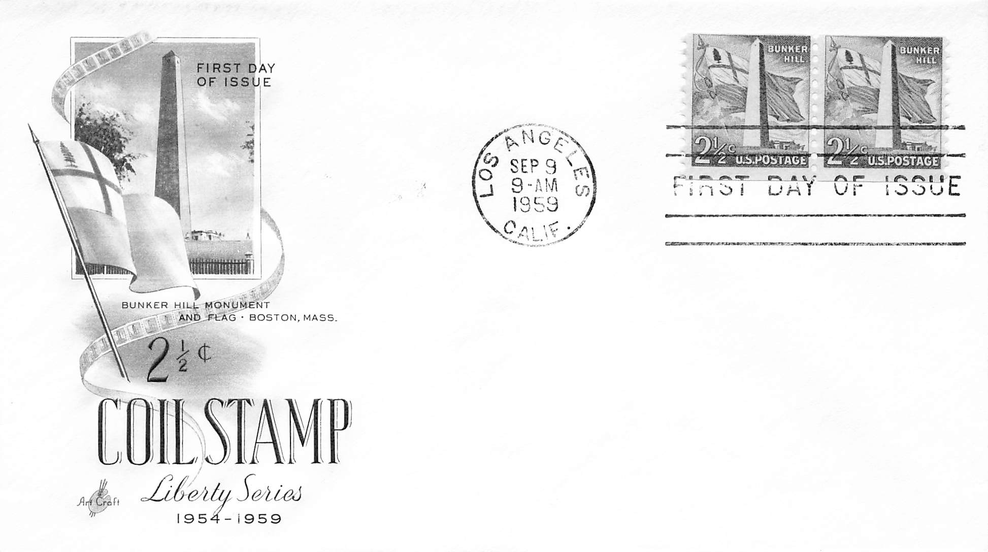 1959 coil stamp 2 1/2c Bunker Hill 2 stamps (Un addressed)