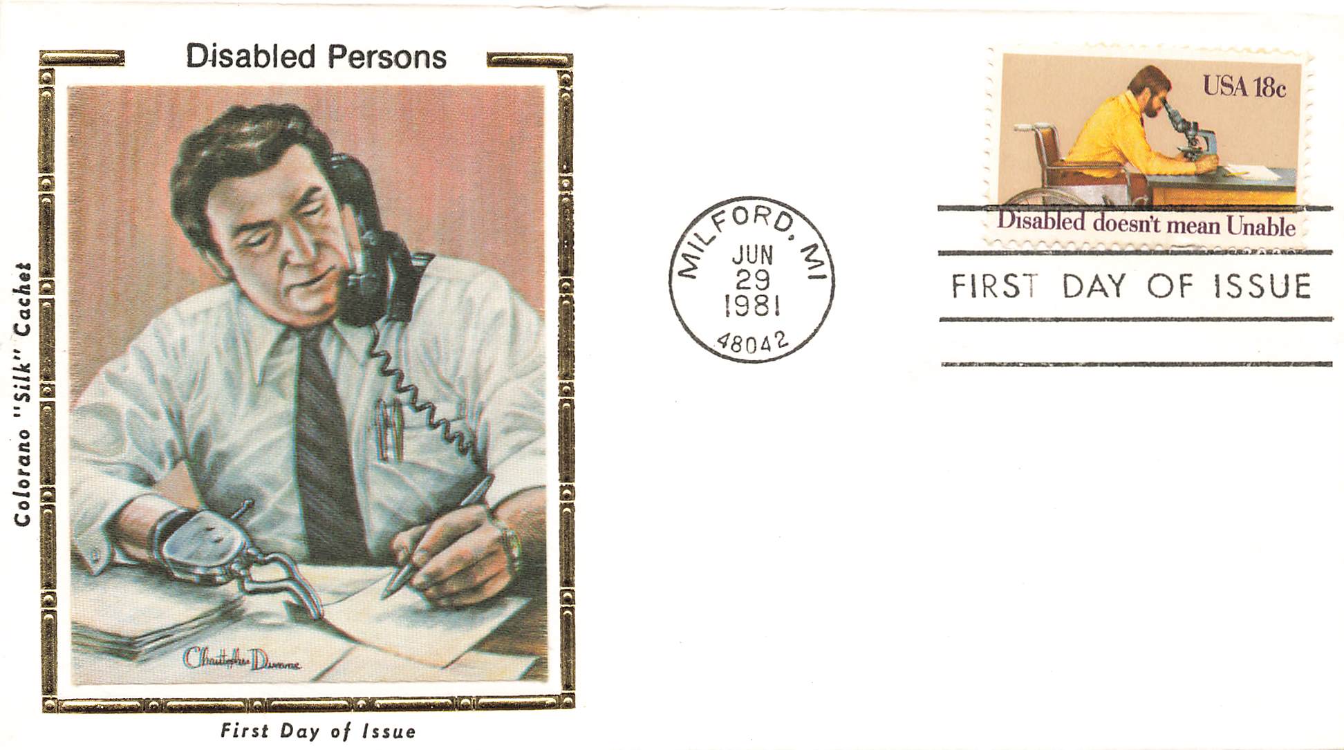 1981 Disable Persons .18 Cents, Printed on Silk