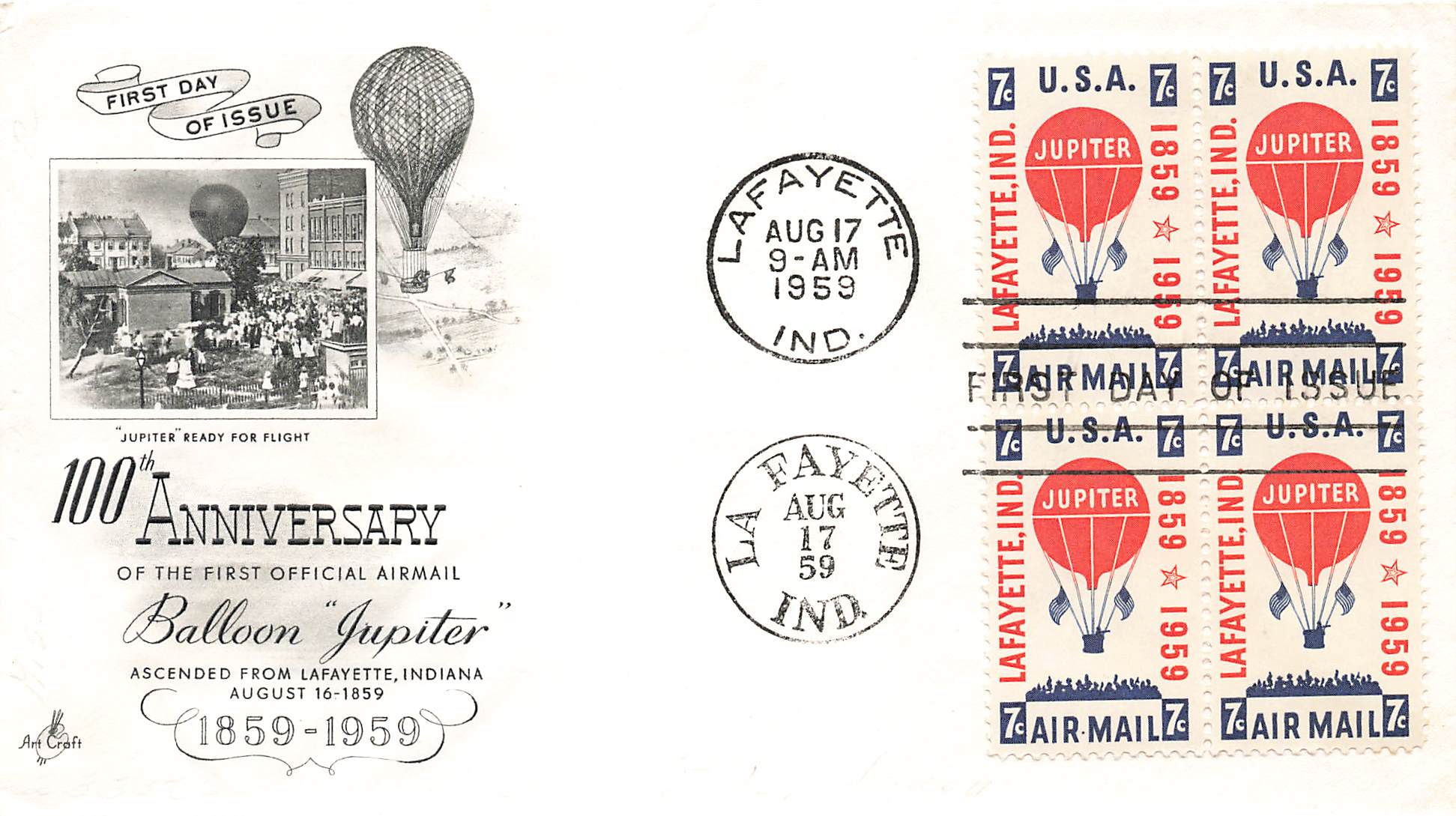 1959 First official airmail ballon 100th ann 4 stamps