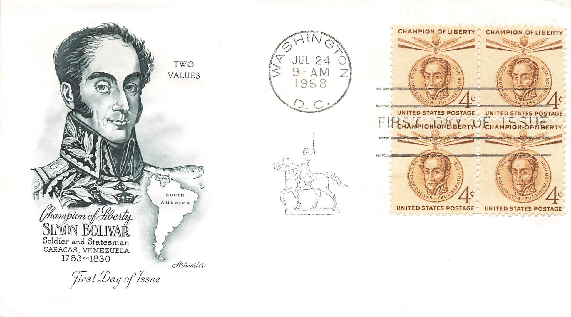 1958 Champion of Liberty Simon Bolivar 4c 4 stamps