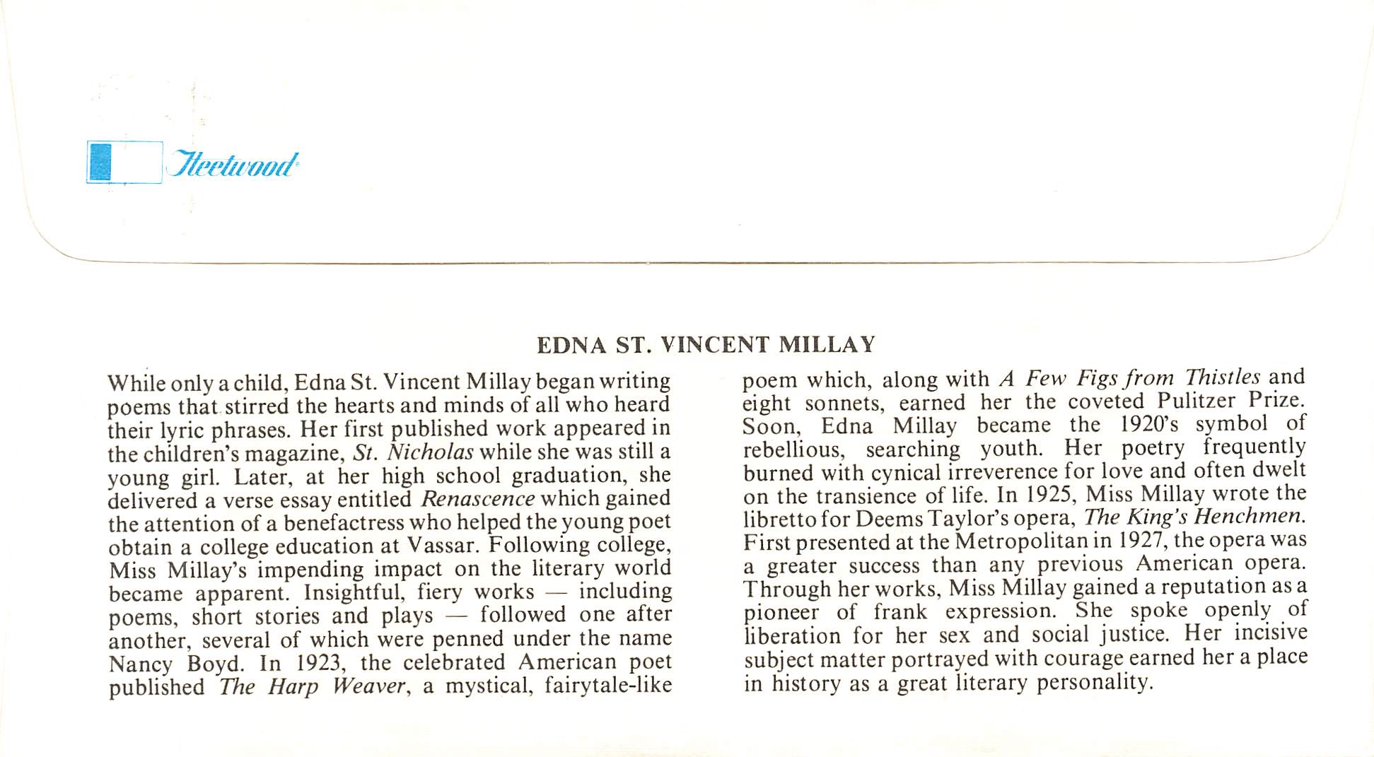 1981 Edna St. Vincent Millay, American Poet .18 Cents