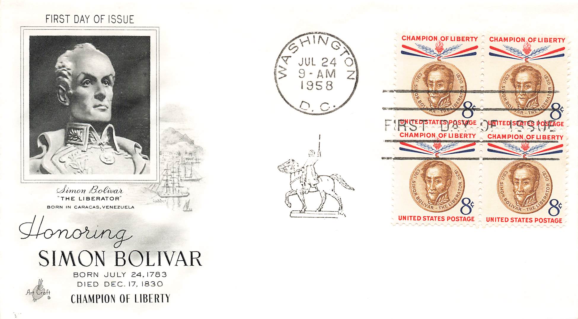 1958 Champion of Liberty honoring Simon Bolivar 8c 4 stamps